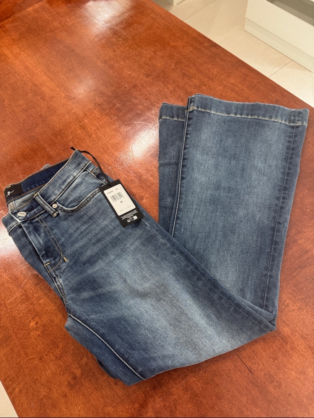 7 For All Mankind Dojo Slim Illusion Wide Hemmed Flare Jeans - Medium Wash - Picture 3 of 7